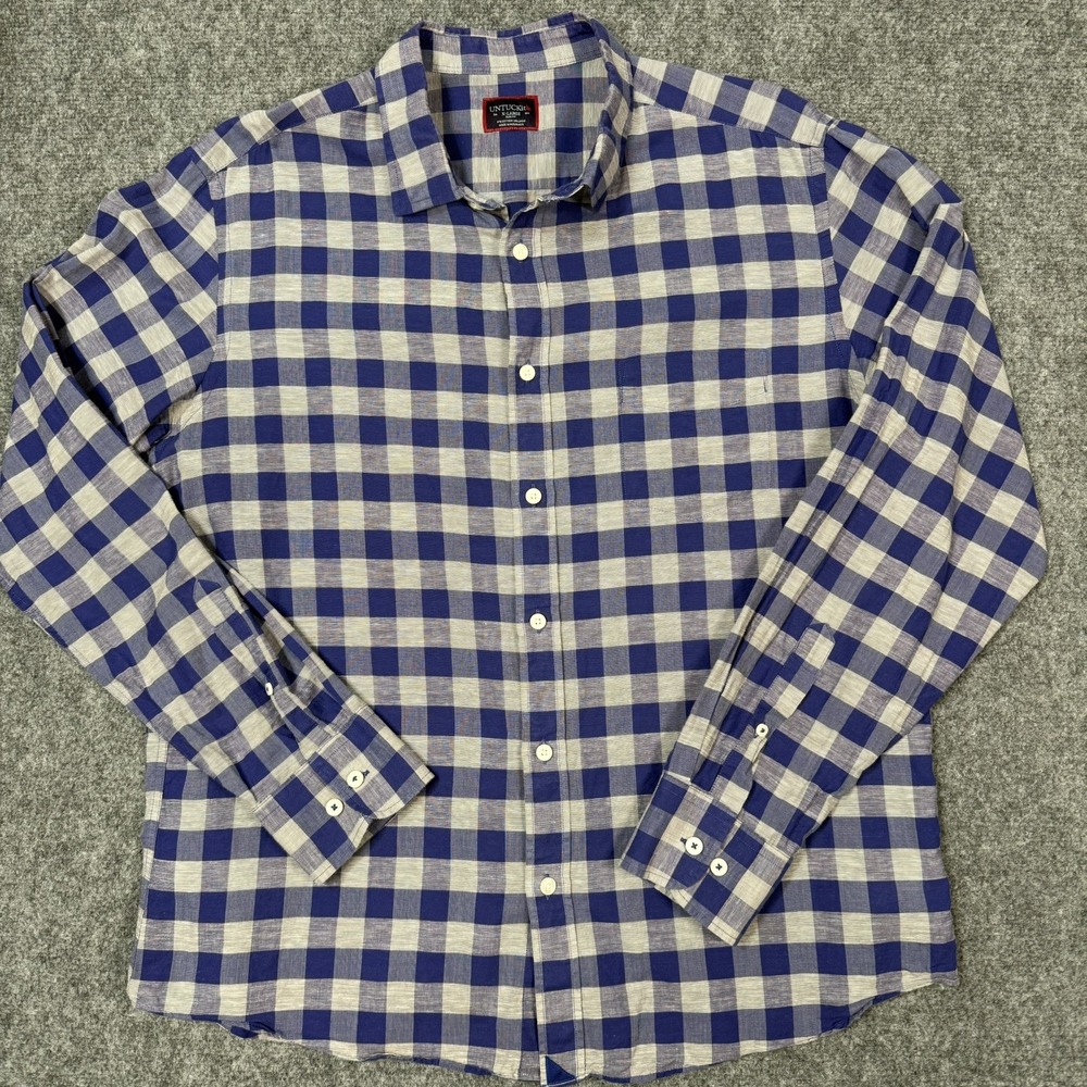 👕 UNTUCKit Shirt XL Slim Fit Blue White Gingham Check Cotton Linen Blend